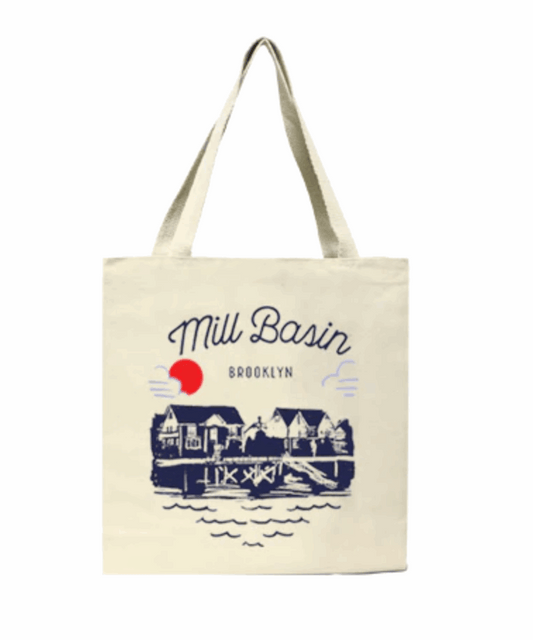 Tote bag with 'Mill Basin Brooklyn' design on a white background