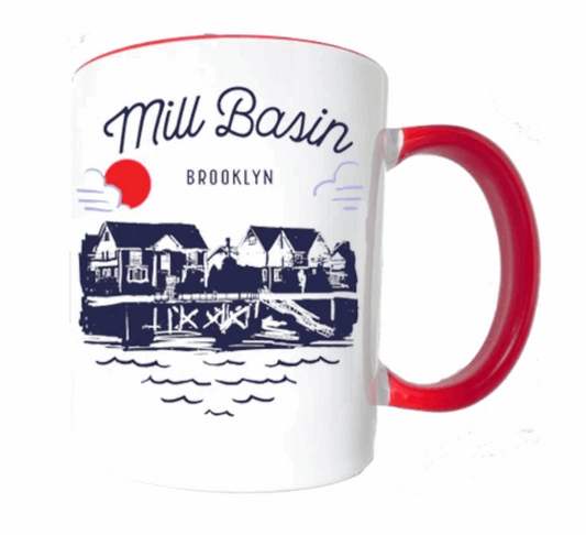 Mug with 'Mill Basin Brooklyn' design featuring a red handle on a white background