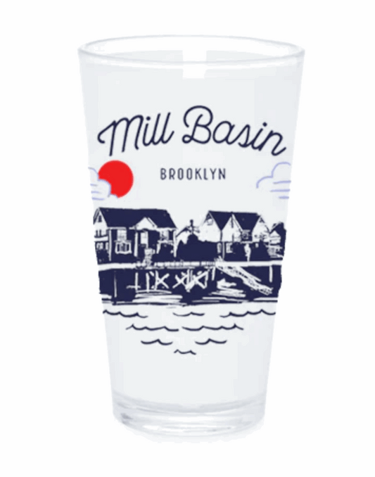Clear glass with 'Mill Basin Brooklyn' design on a white background