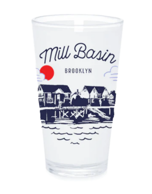 Clear glass with 'Mill Basin Brooklyn' design on a white background