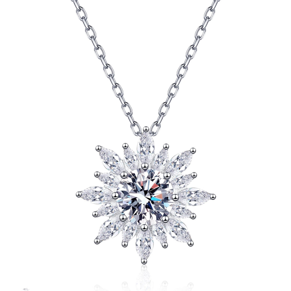 Diamond necklace with a star-like design on a white background
