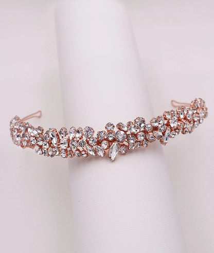Rose gold mosaic crystal bridal headband with marquise and round rhinestones