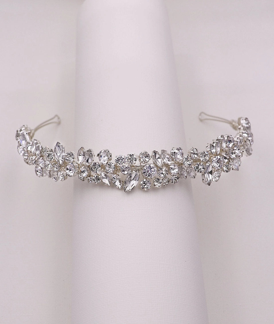 Silver mosaic crystal bridal headband with marquise and round rhinestones