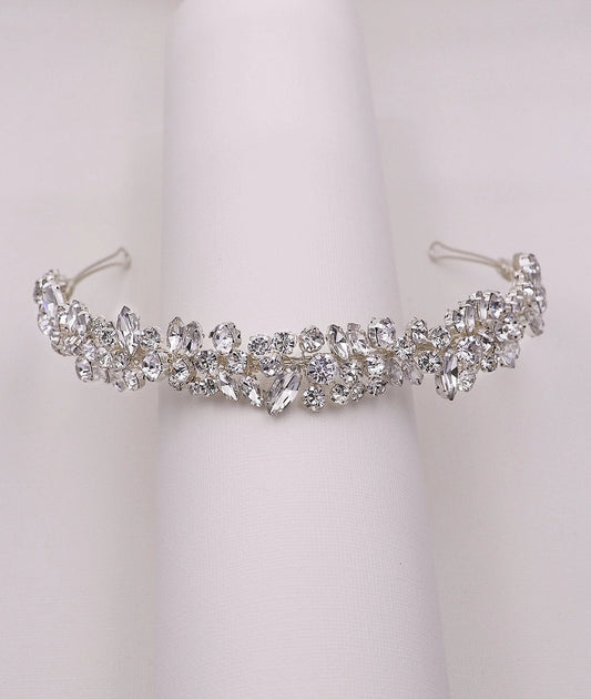 Silver mosaic crystal bridal headband with marquise and round rhinestones