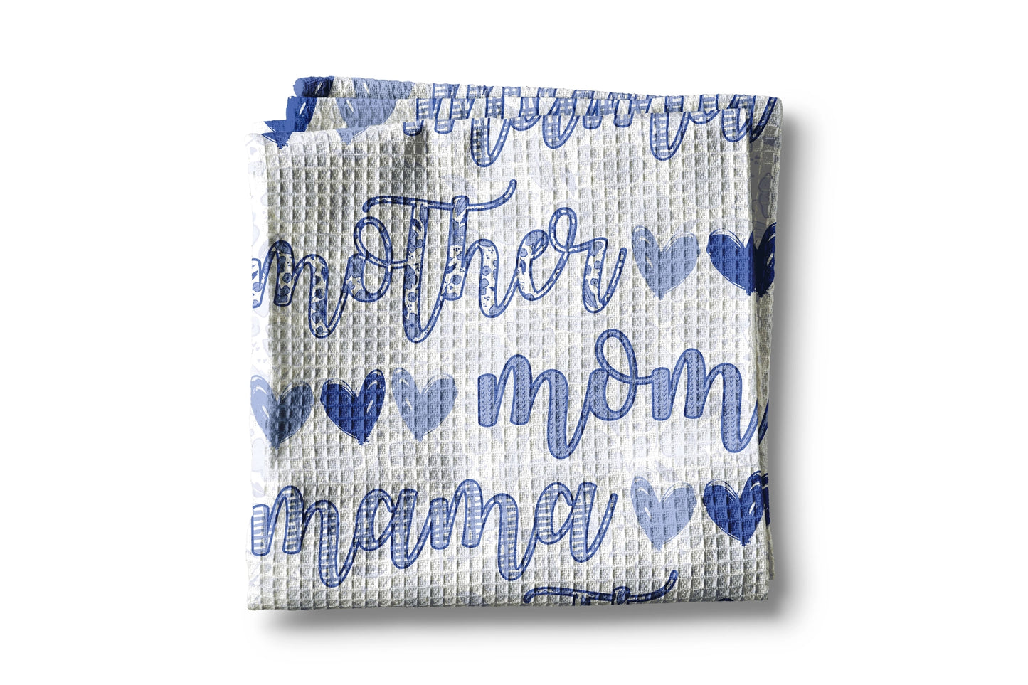 Waffle-textured towel with blue text and heart patterns on a white background