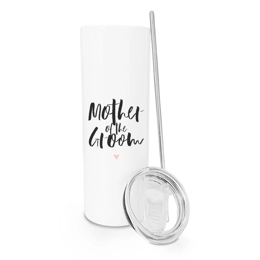 Tumbler with 'Mother of the Groom' text and a heart symbol on a white background