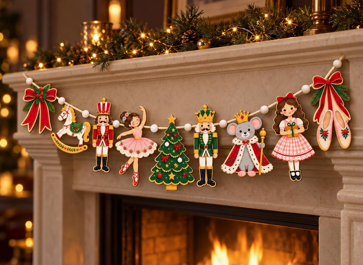 Mouse King and ballerina Nutcracker wooden Christmas garland with pink ballet slippers, nutcracker soldiers, rocking horse, Christmas tree, and festive bows displayed across a holiday window.