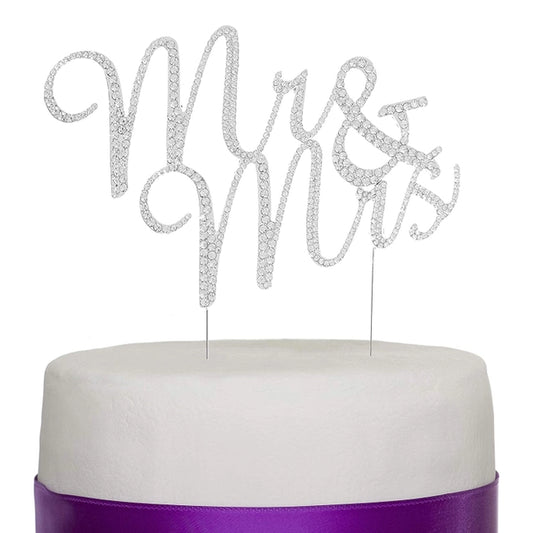 Mr & Mrs Cursive Silver Crystal Cake Topper