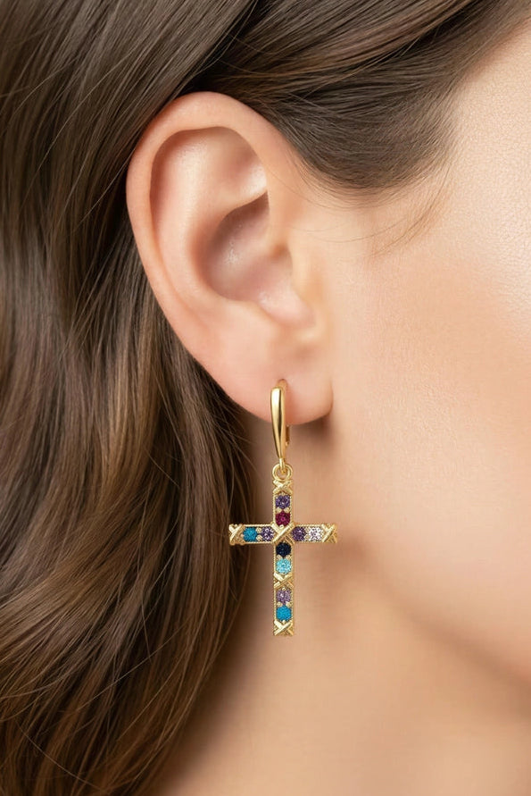 Multicolored Cross Earrings in 18K Gold – Luminous Sacred Elegance