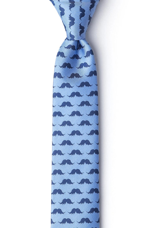 Blue tie with mustache pattern on a white background