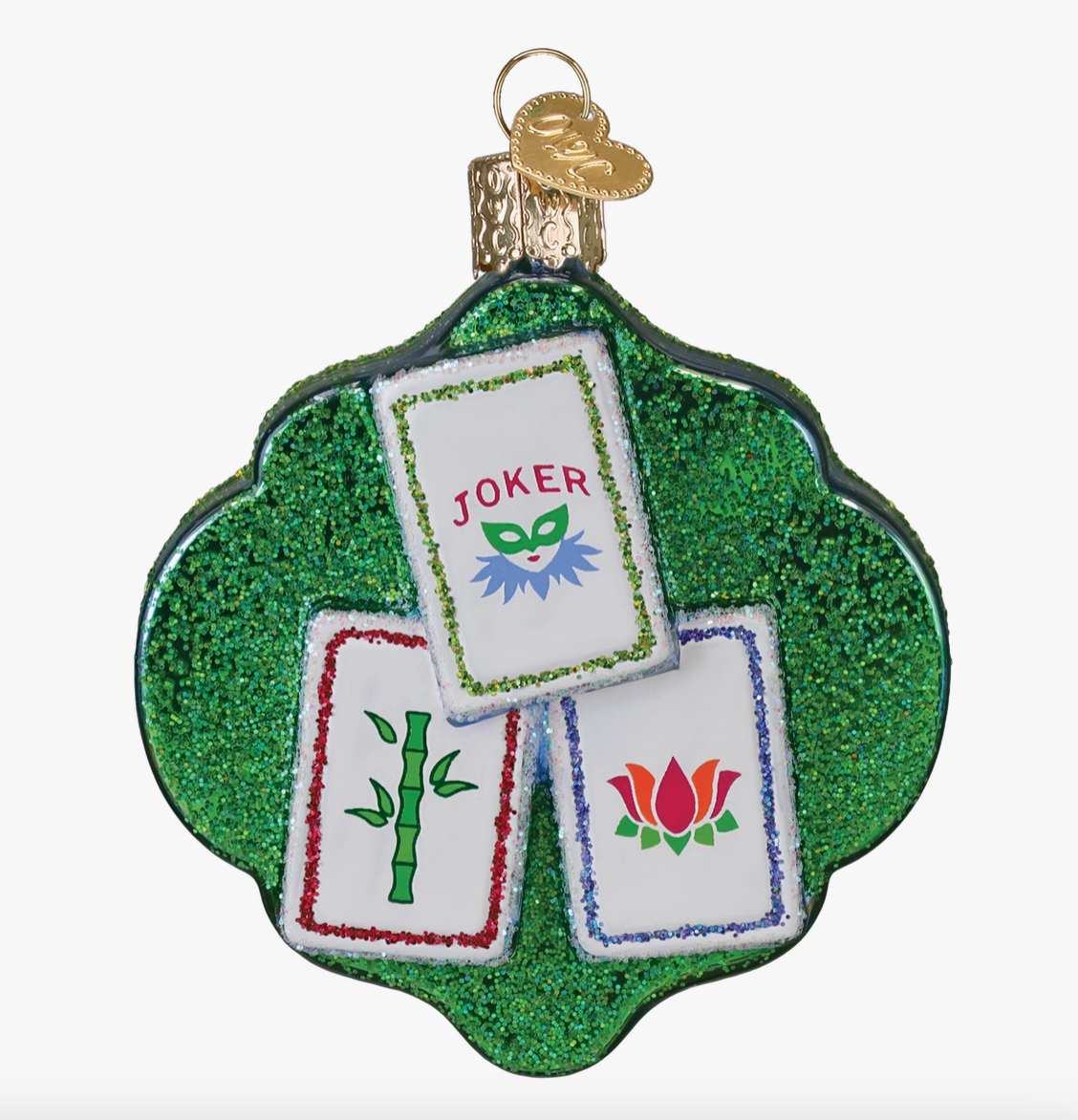 Green glitter My Mahjong Friends glass Christmas ornament with colorful Mahjong tiles and Joker tile