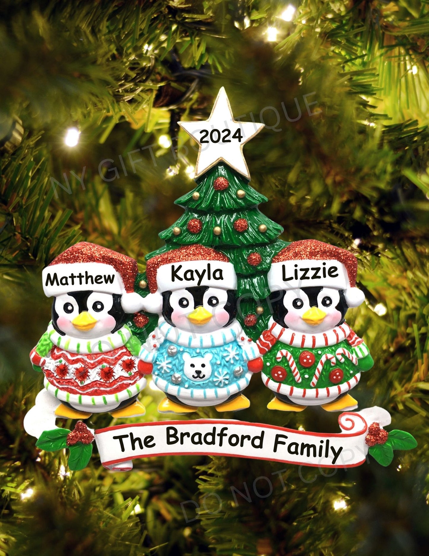 Ugly Sweater Penguin Family Personalized Ornament