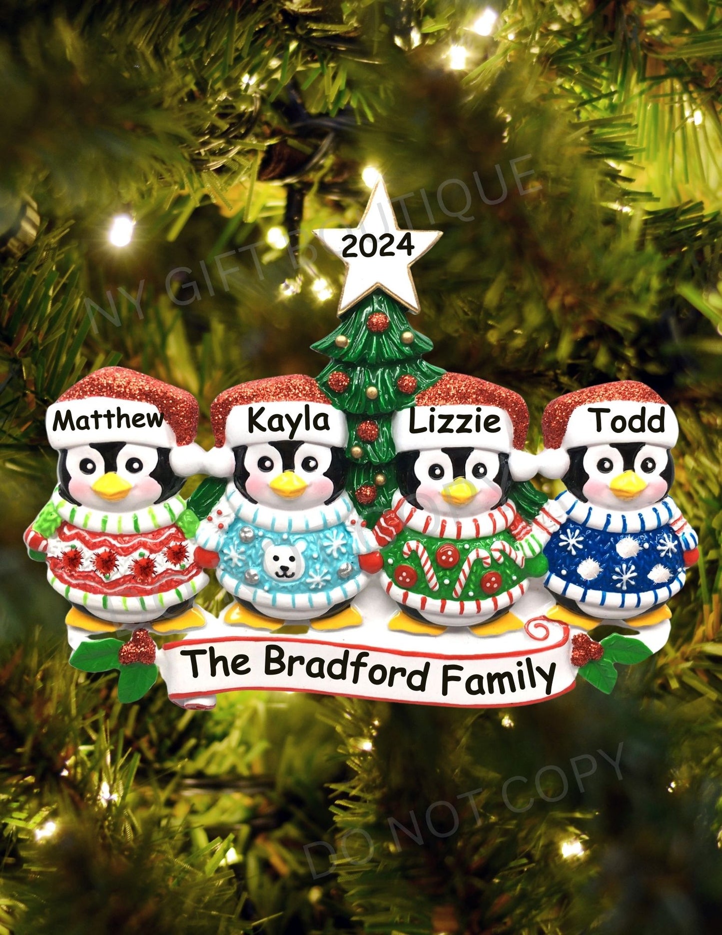 Ugly Sweater Penguin Family Personalized Ornament