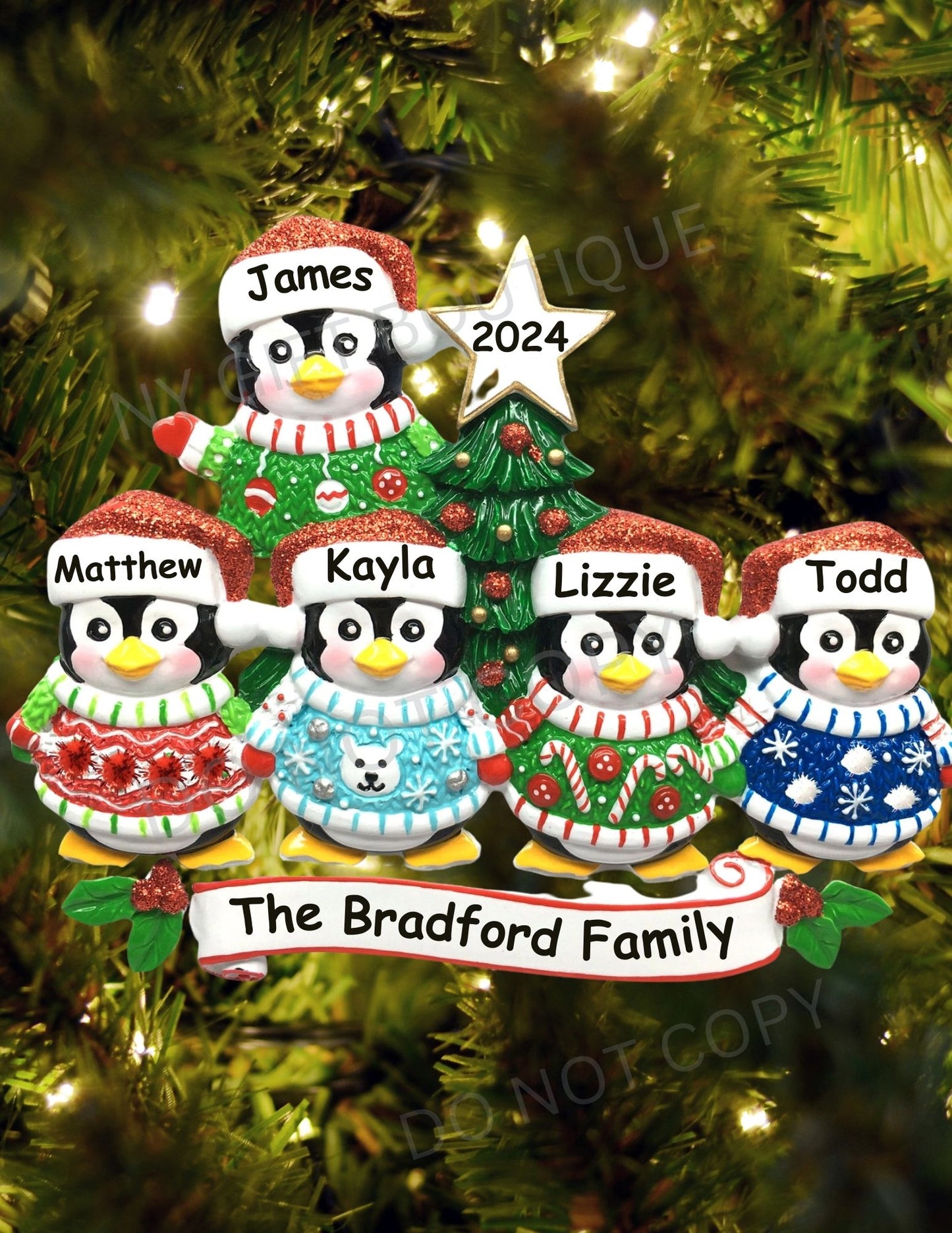 Ugly Sweater Penguin Family Personalized Ornament