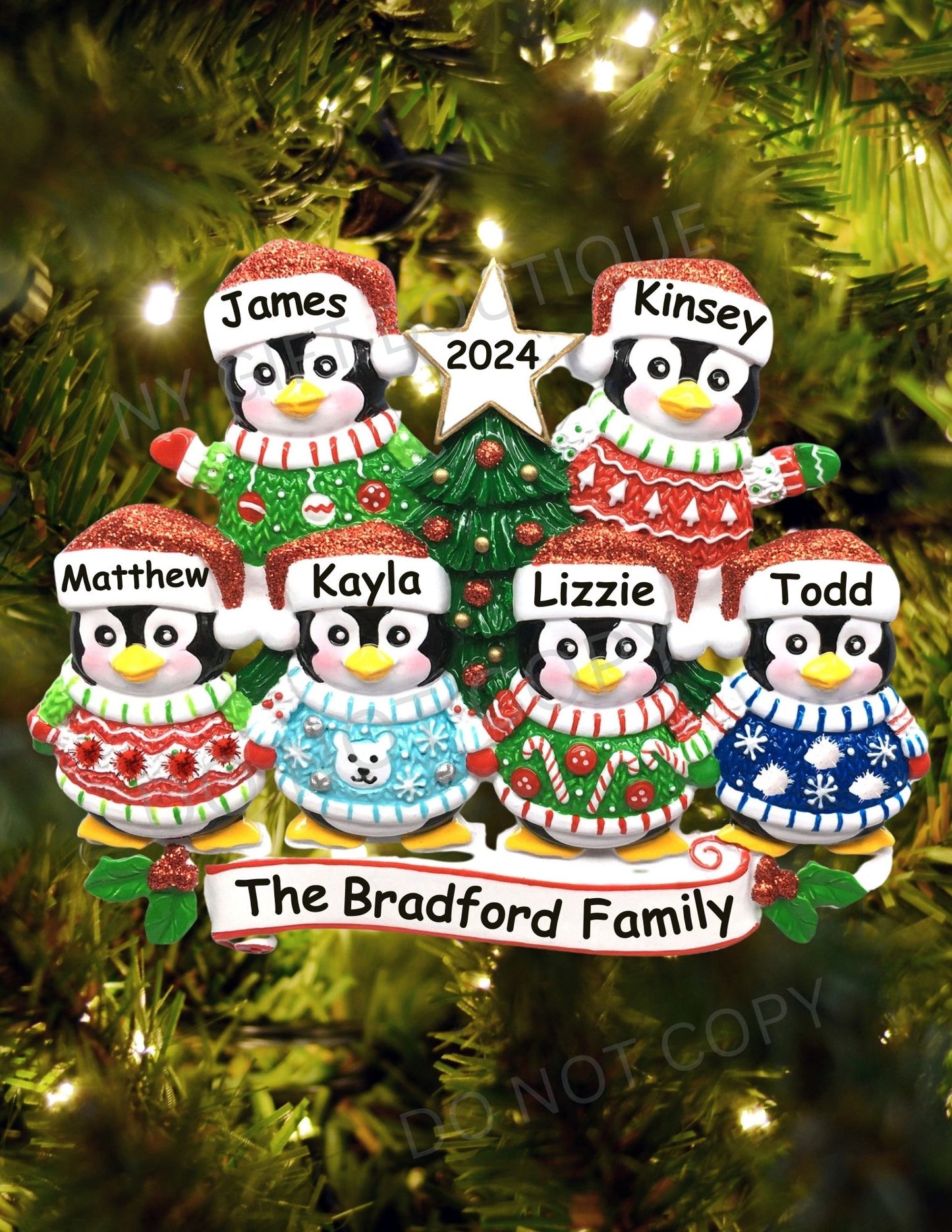 Ugly Sweater Penguin Family Personalized Ornament