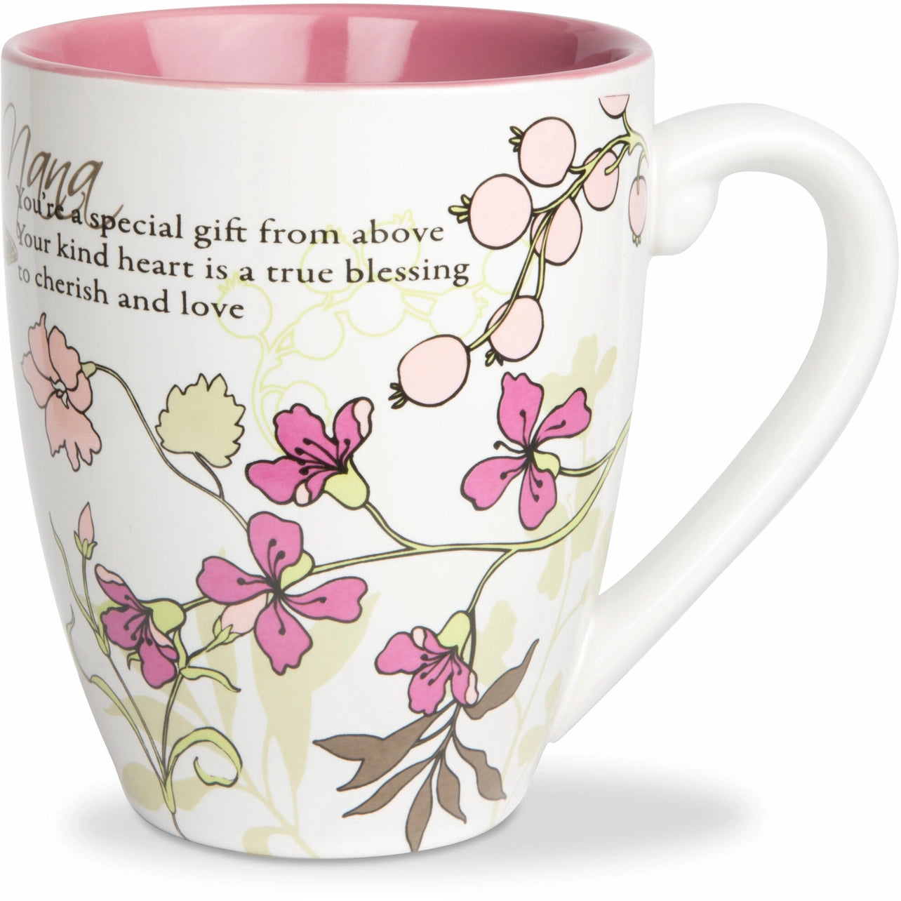 Mug with floral design and text on a white background