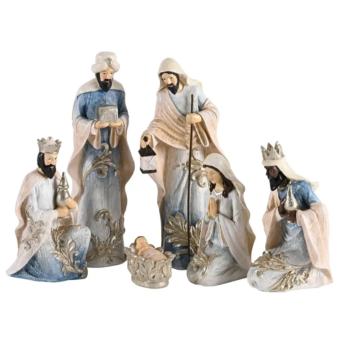 Set of nativity scene figurines on a white background