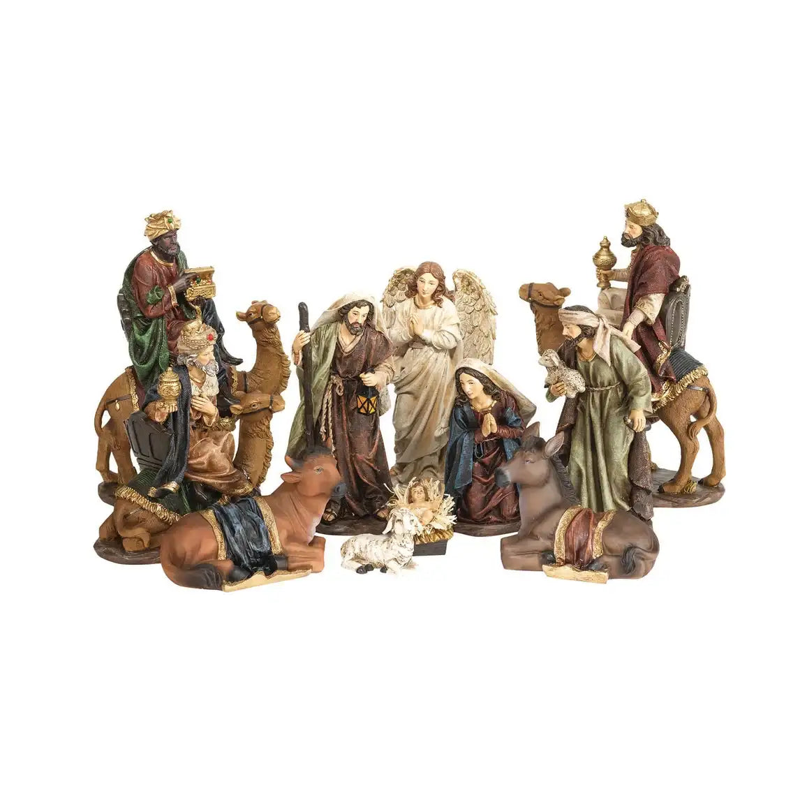Set of nativity scene figurines on a white background