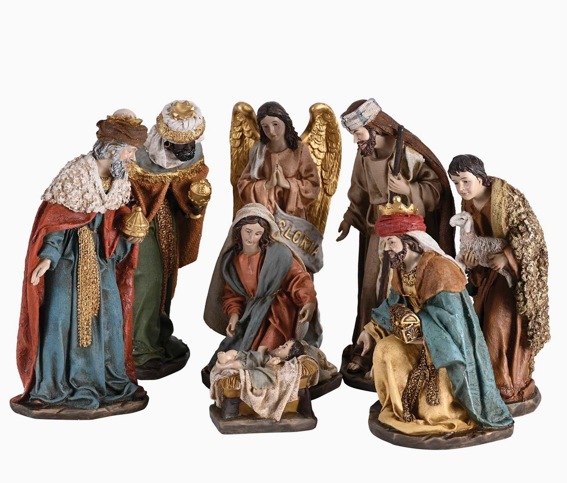 8-piece traditional Nativity set with Holy Family, Three Wise Men, angel and shepherd in full-color resin