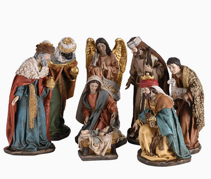 8-piece traditional Nativity set with Holy Family, Three Wise Men, angel and shepherd in full-color resin
