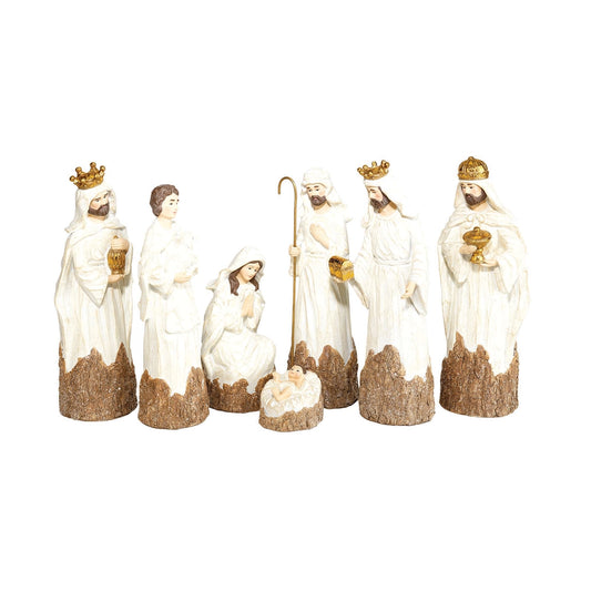Set of nativity figures with white and gold detailing on a white background