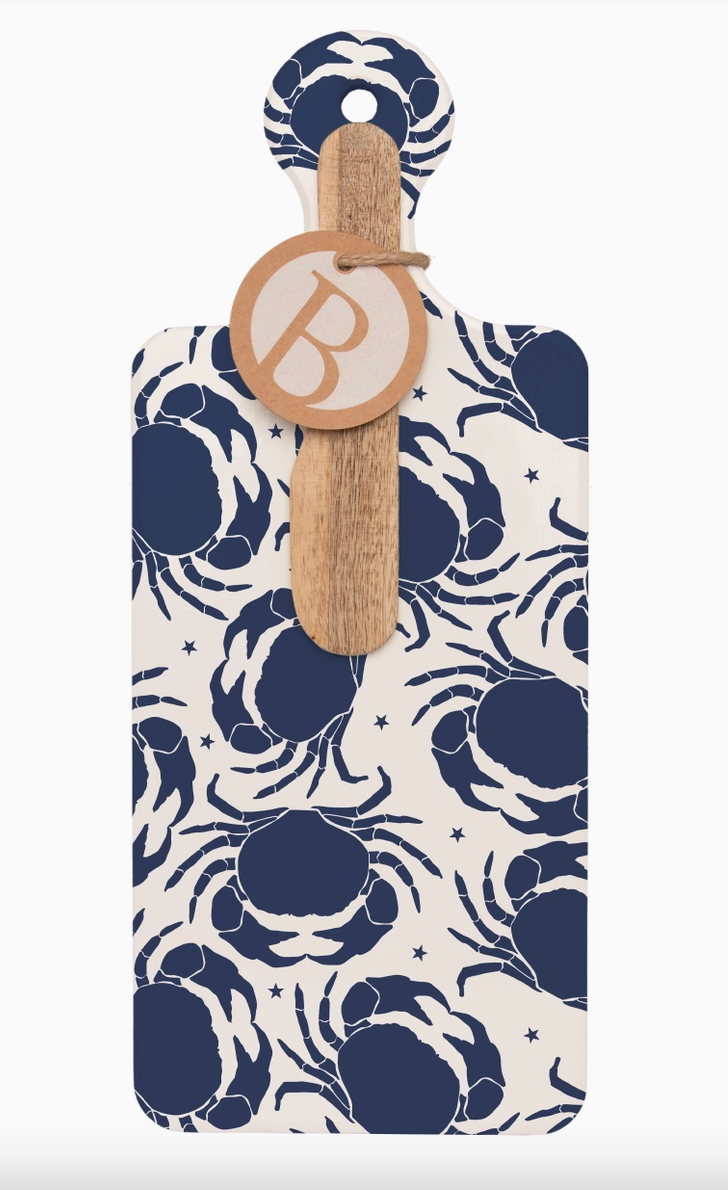 Cheese Board with blue and white pattern and wooden handle on a white background