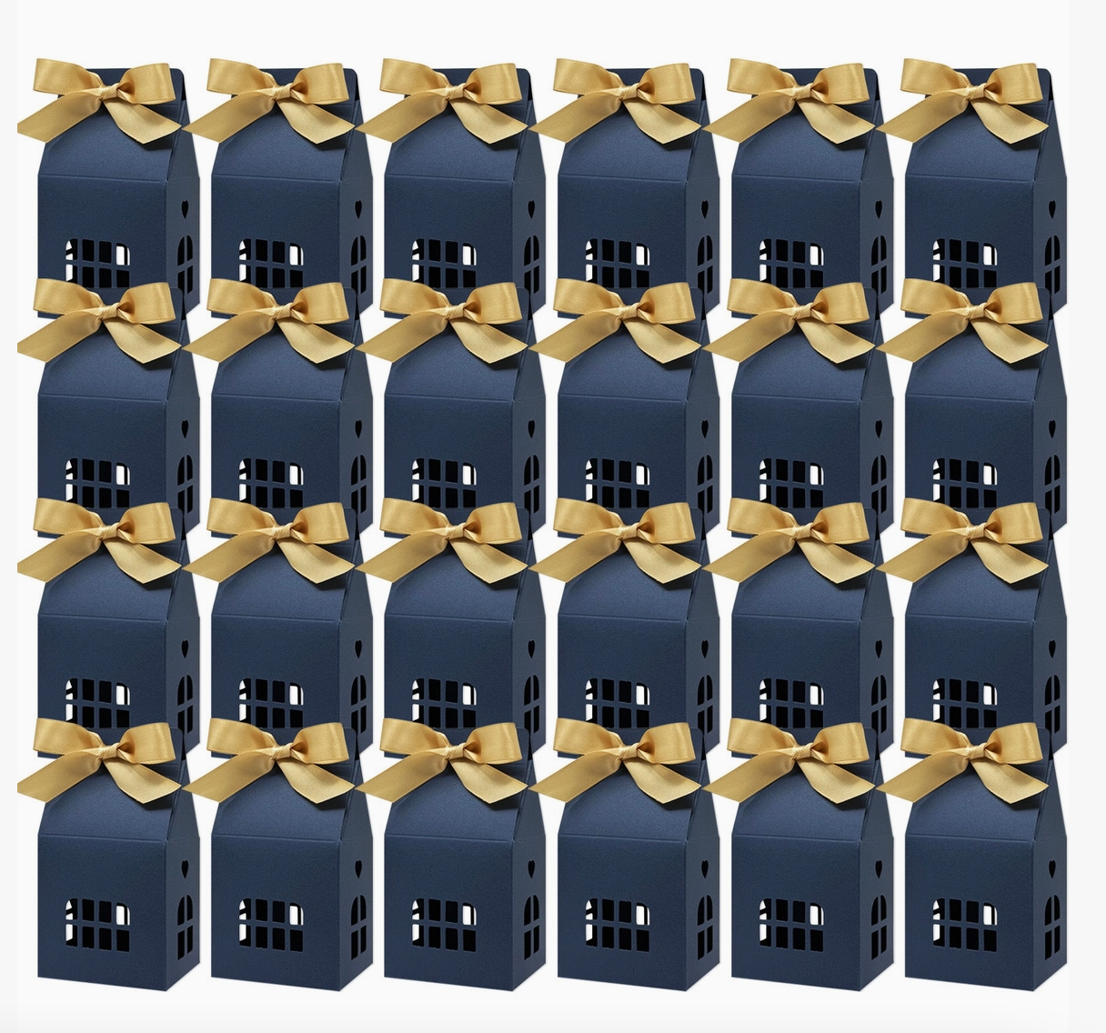 Set of 24 navy house shaped favor boxes with gold satin ribbons