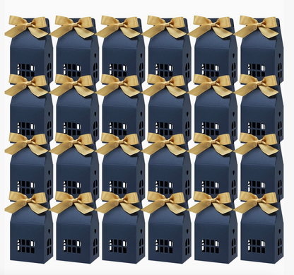 Set of 24 navy house shaped favor boxes with gold satin ribbons