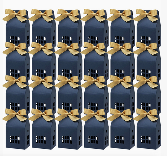 Set of 24 navy house shaped favor boxes with gold satin ribbons