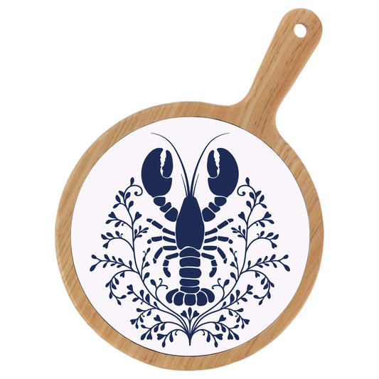 Round cutting board with a blue lobster design on a white background