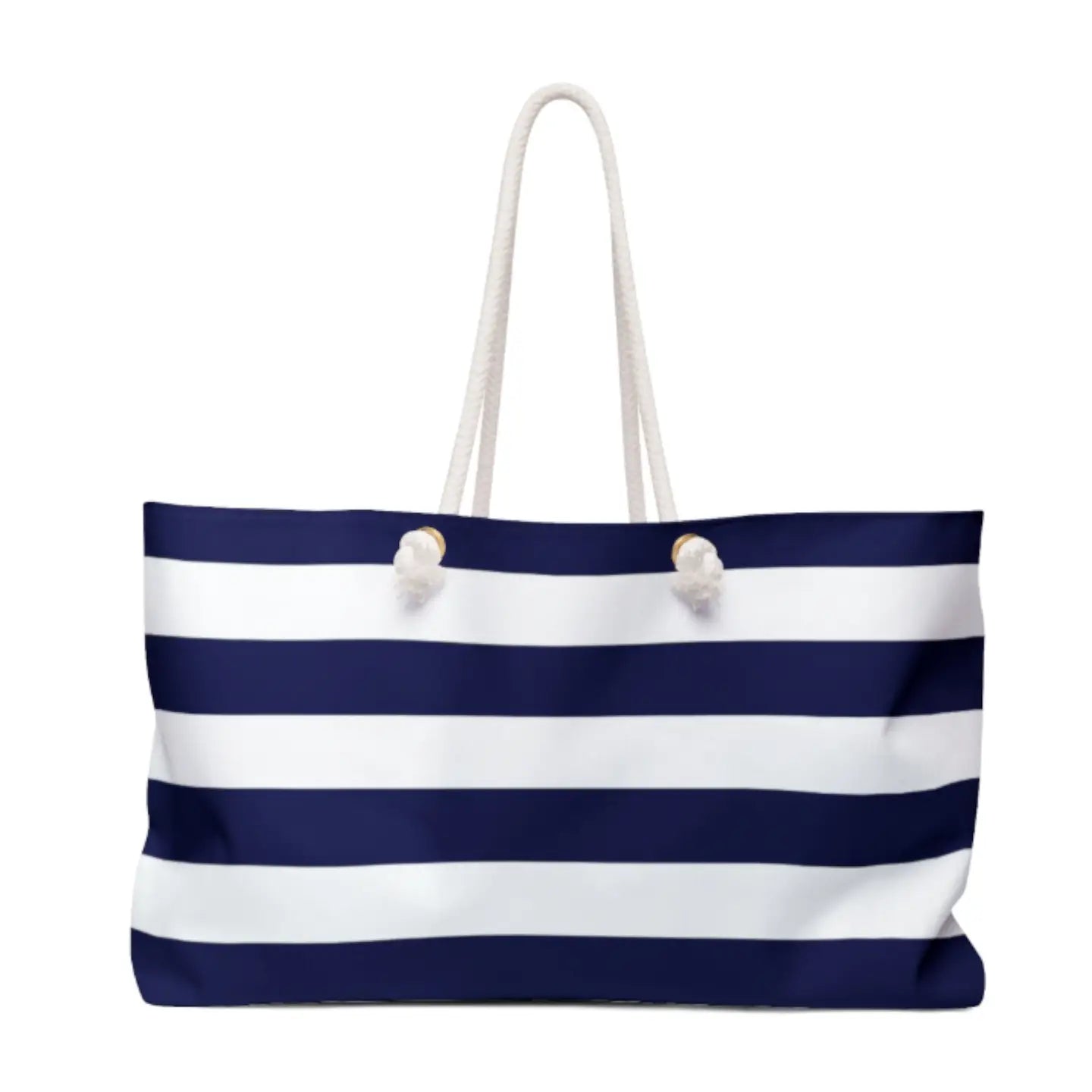 Navy and white striped tote bag with rope handles on a white background