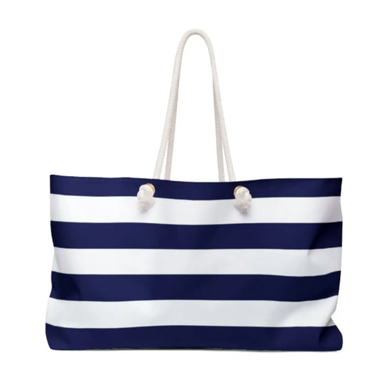 Navy and white striped tote bag with rope handles on a white background