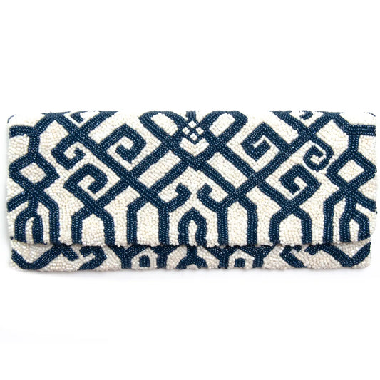 Navy and White Beaded Clutch Bag
