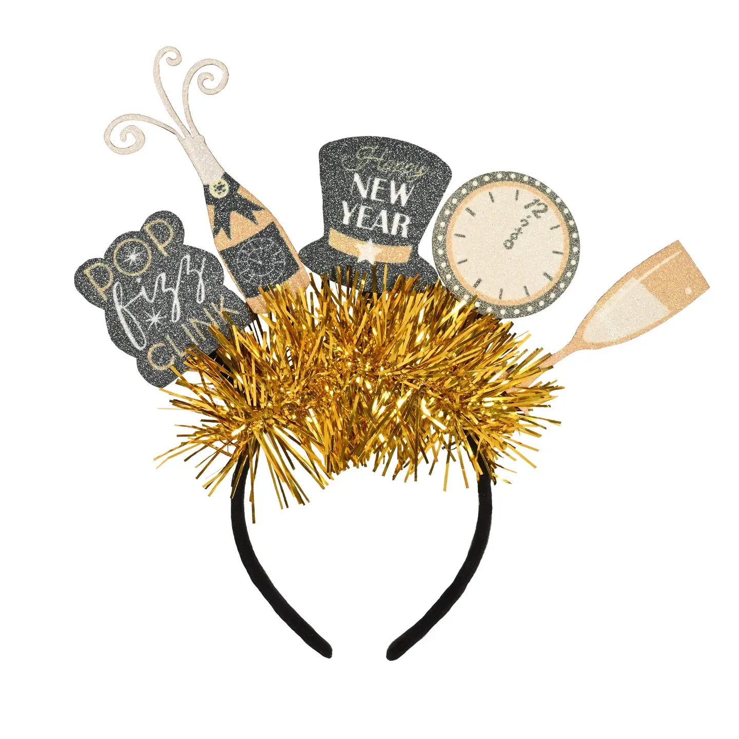 New Year's Eve themed headband with tinsel, champagne bottle, and clock design on a white background.