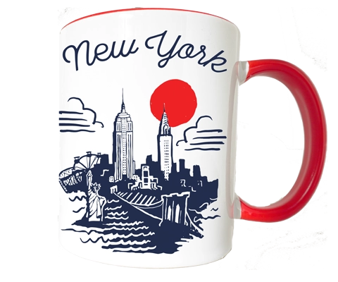 Mug with New York cityscape design and red handle on a white background