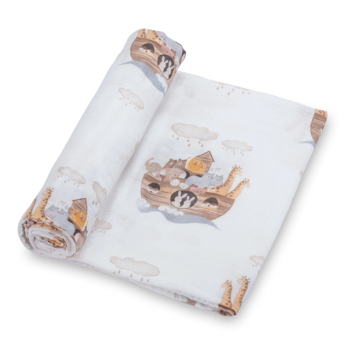 Rolled-up fabric with Noah's Ark design on a white background