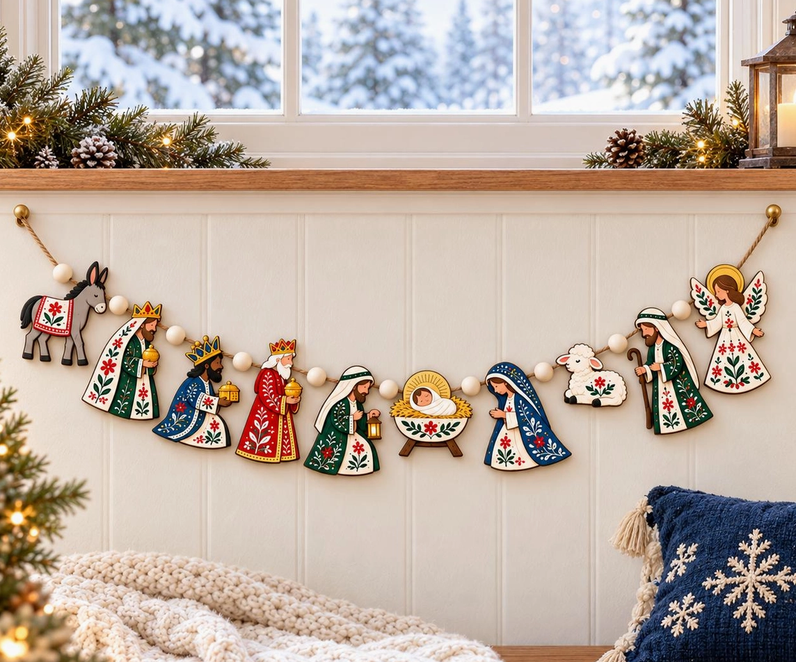 Nordic folk Nativity wooden Christmas garland featuring Baby Jesus, Mary, Joseph, Three Wise Men, shepherd, lamb, donkey, and angel with Scandinavian floral designs.