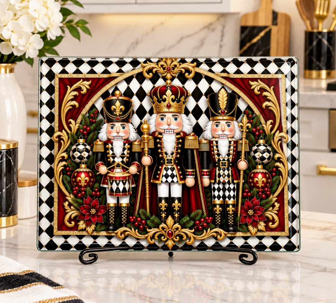 Three Nutcrackers black white check Christmas glass cutting board with red and gold details