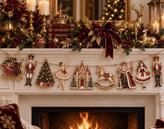Close-up of Nutcracker Christmas wooden garland featuring a ballerina, fairytale castle, rocking horse, and Mouse King in red and gold storybook designs.