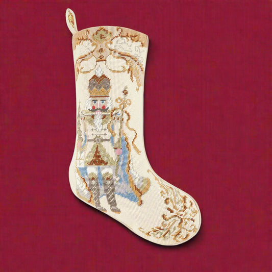 Decorative Christmas stocking with a Nutcracker design on a red background