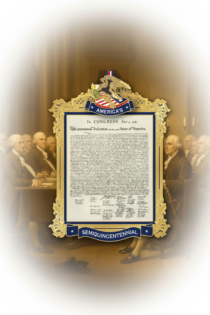 Framed copy of the United States Declaration of Independence with decorative elements.