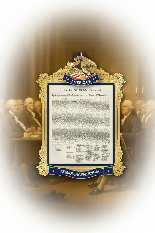 Framed copy of the United States Declaration of Independence with decorative elements.
