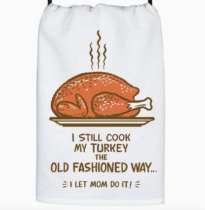 White drawstring bag with a roasted turkey graphic and text on a white background