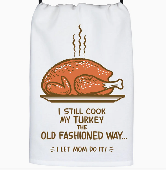 White drawstring bag with a roasted turkey graphic and text on a white background