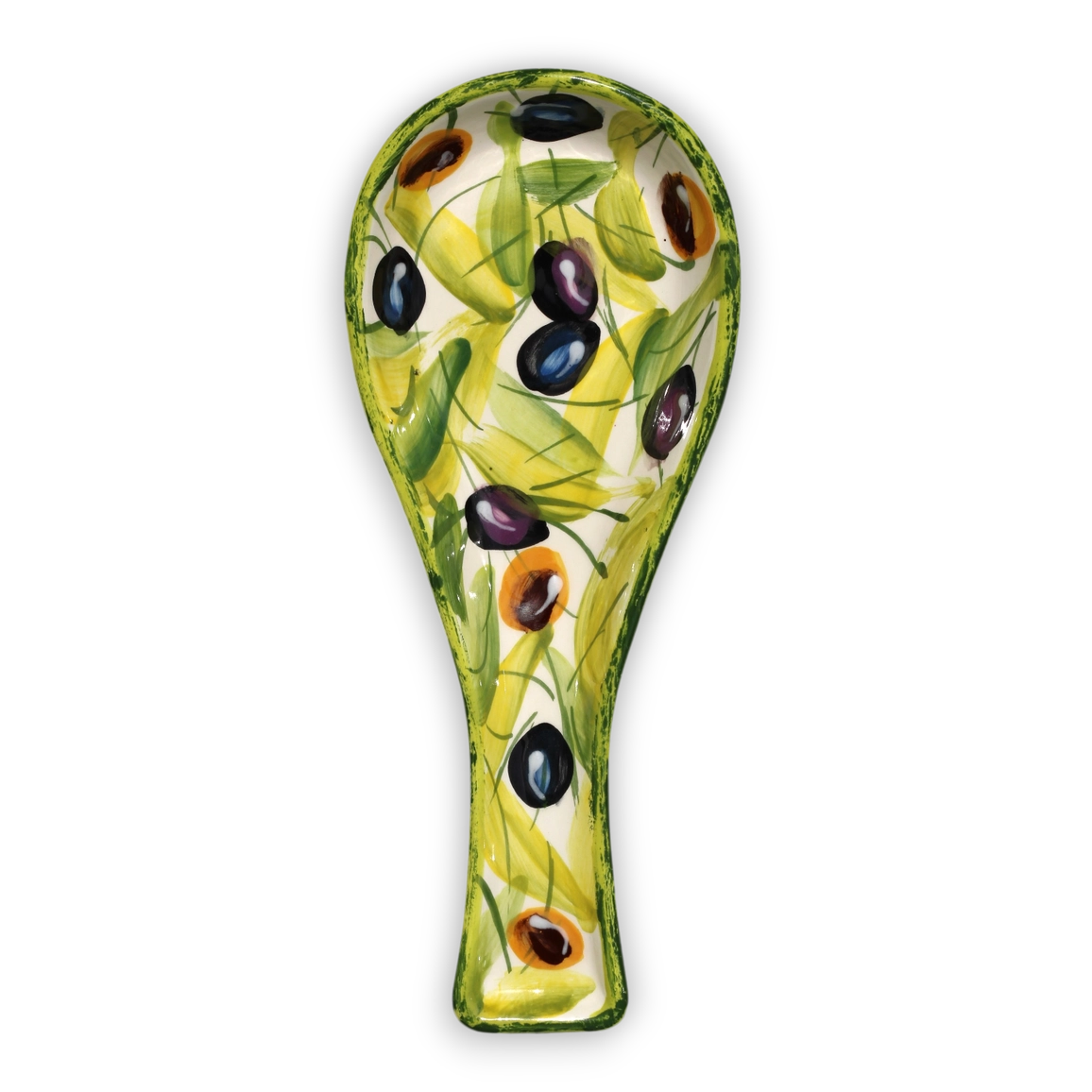 A decorative spoon with a painted olive branch and olive pattern, featuring green leaves and black and purple olives on a white background.