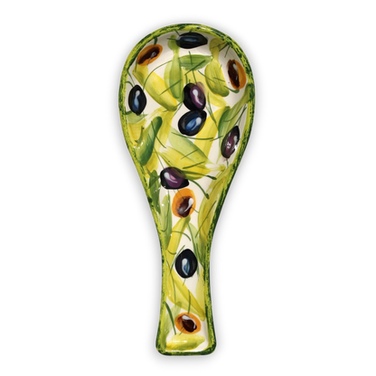 A decorative spoon with a painted olive branch and olive pattern, featuring green leaves and black and purple olives on a white background.