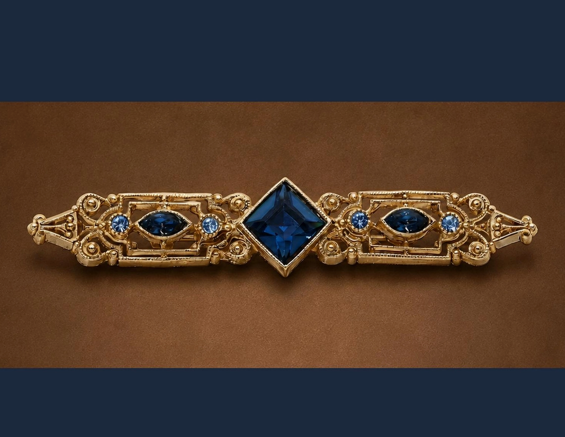 Olivia Riegel Art Deco gold bar brooch with sapphire blue European crystals