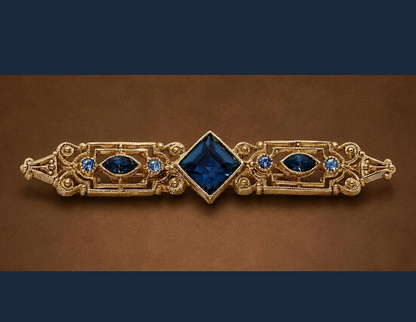 Olivia Riegel Art Deco gold bar brooch with sapphire blue European crystals