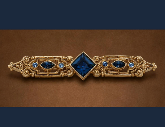 Olivia Riegel Art Deco gold bar brooch with sapphire blue European crystals