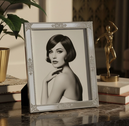 Framed portrait on a table with decorative items